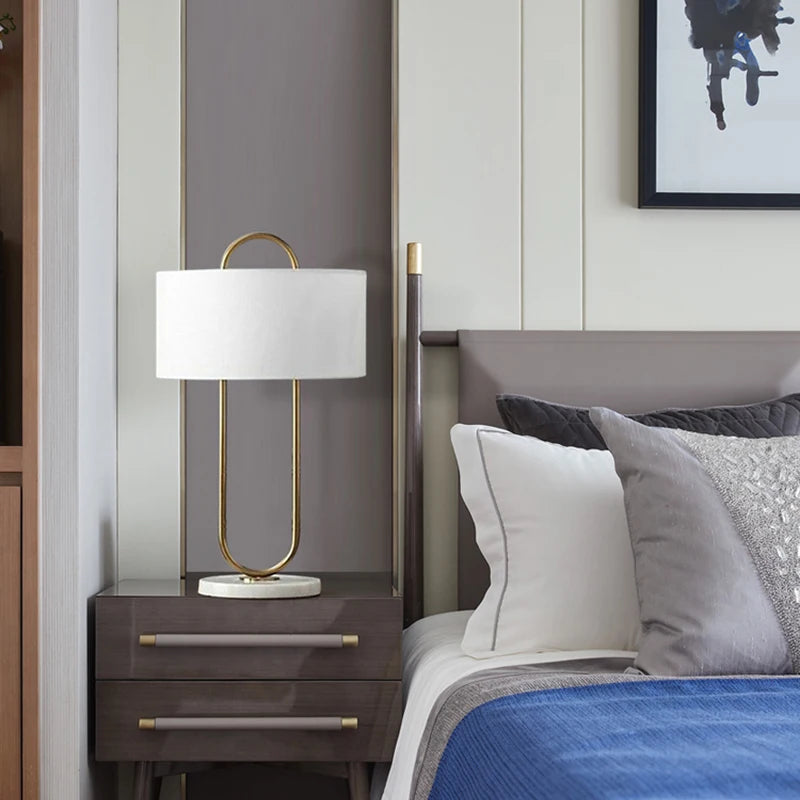 Simple Modern Golden Metal Plating Table Lamp Living Room Bedroom Study Decor White Cloth LED E27 Lighting Desk Fixture