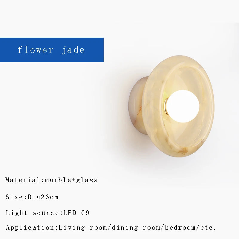 Nordic Round Natural Jade & Stone Wall Sconce Lamp - Designer Luxury Wall Light Fixture for Living Room Home Decor with Shade