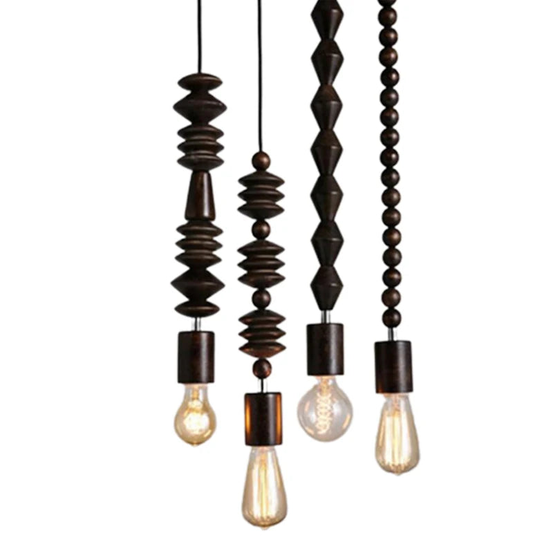 Retro style Oak wood pendant lamp Vintage 100cm cord geometric beads string droplight indoor Light Fixture