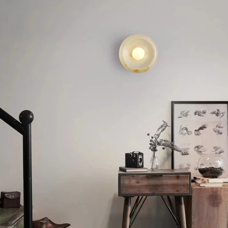 Nordic Round Natural Jade & Stone Wall Sconce Lamp - Designer Luxury Wall Light Fixture for Living Room Home Decor with Shade