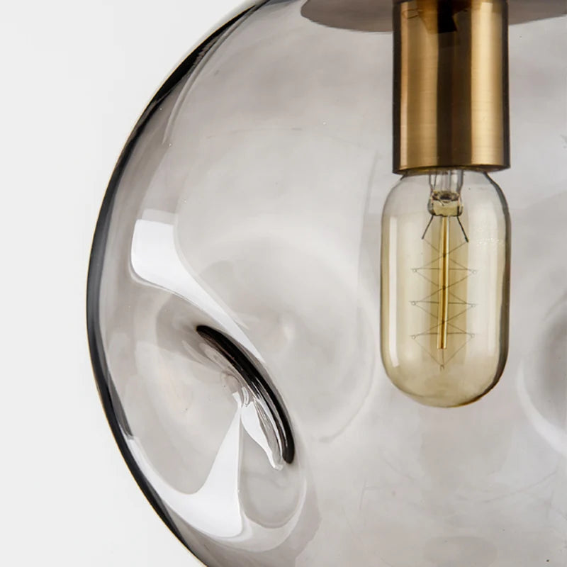 Nordic Industrial Textured Pendant Light with Brushed Brass & Amber Glass Ball, LED E27 Edison Bulb Ceiling Lamp for Restaurant