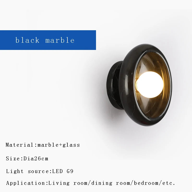 Nordic Round Natural Jade & Stone Wall Sconce Lamp - Designer Luxury Wall Light Fixture for Living Room Home Decor with Shade