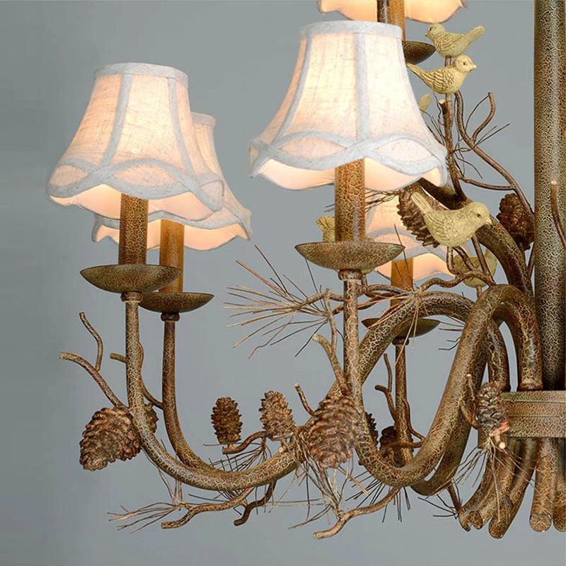 American Vintage Retro Iron LED Chandelier E14 Bulb Resin Bird Hanging Light Fixture for Living Bedroom Dining Room & Home Decor