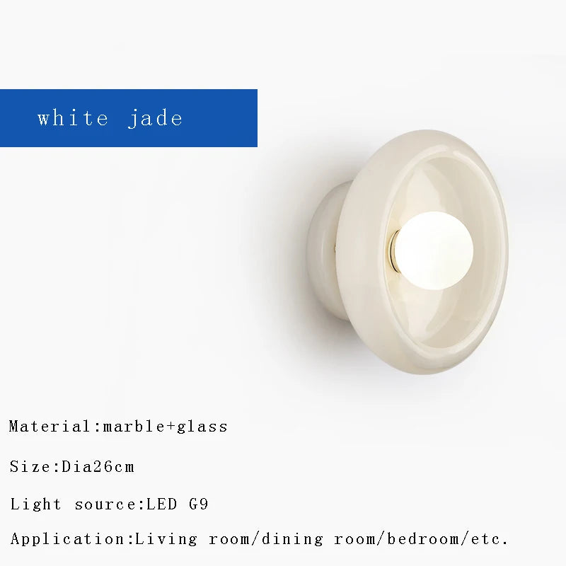Nordic Round Natural Jade & Stone Wall Sconce Lamp - Designer Luxury Wall Light Fixture for Living Room Home Decor with Shade