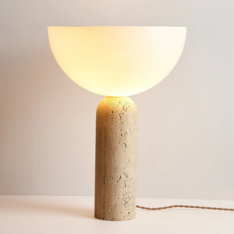 Japanese Wabi-Sabi Table Lamp with Antique Stone Body for Living Room Home Decor with White Round Glass Lampshade E27 LED Bulb