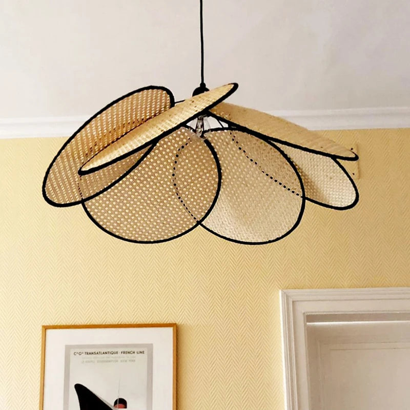 Natural Bamboo Rattan Wicker Chandelier LED Hanging Pendant Lamp Shade with Handwoven Leaf Grid Design for Living Room Kitchen