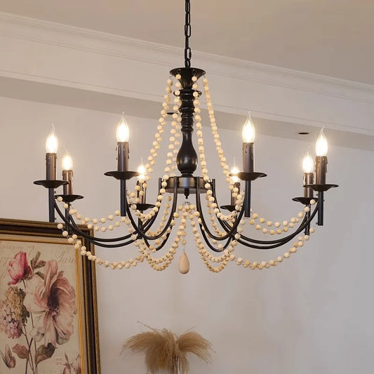 American Vintage Black Iron Chandelier with Wood Beads | French Country Candle Light
