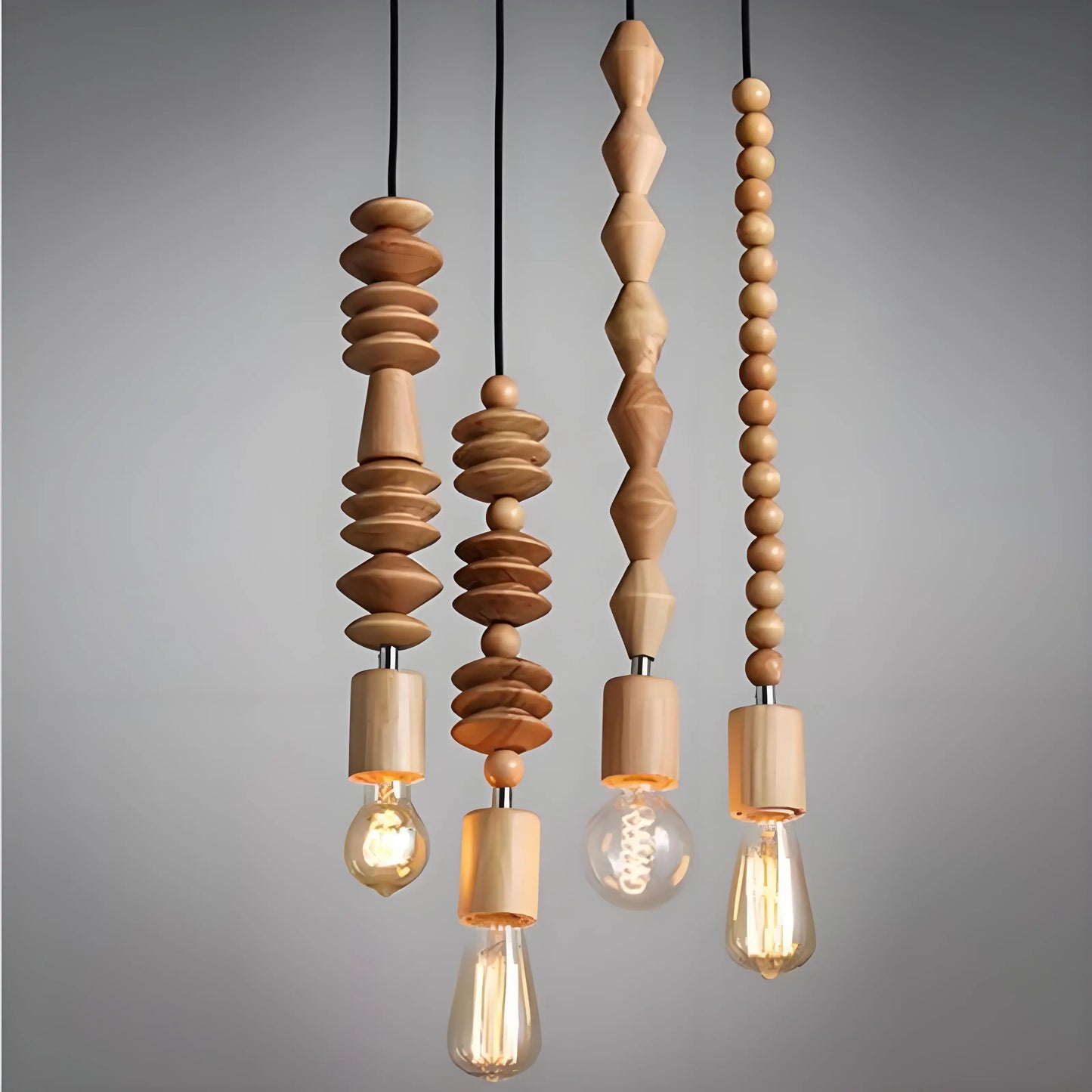 Retro style Oak wood pendant lamp Vintage 100cm cord geometric beads string droplight indoor Light Fixture