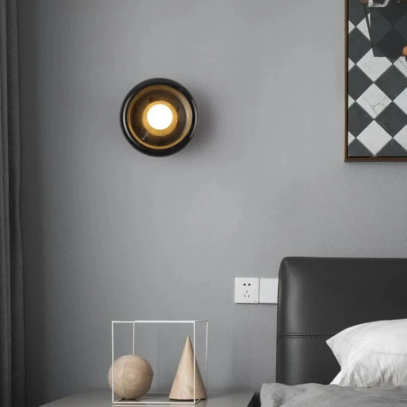 Nordic Round Natural Jade & Stone Wall Sconce Lamp - Designer Luxury Wall Light Fixture for Living Room Home Decor with Shade