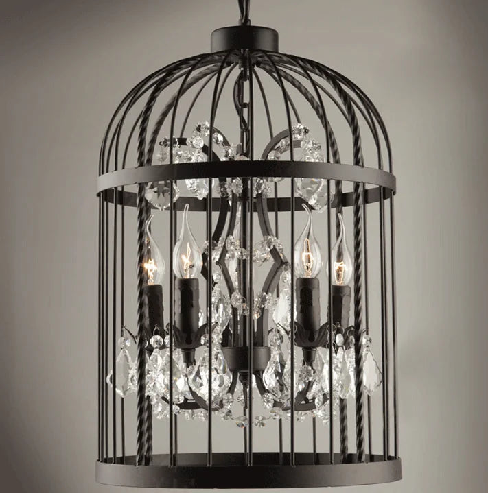 Vintage American Rust Iron Bird Cage Crystal Chandelier Pendant Lamp for Restaurant Villa Living Room E14 LED Home Deco Light