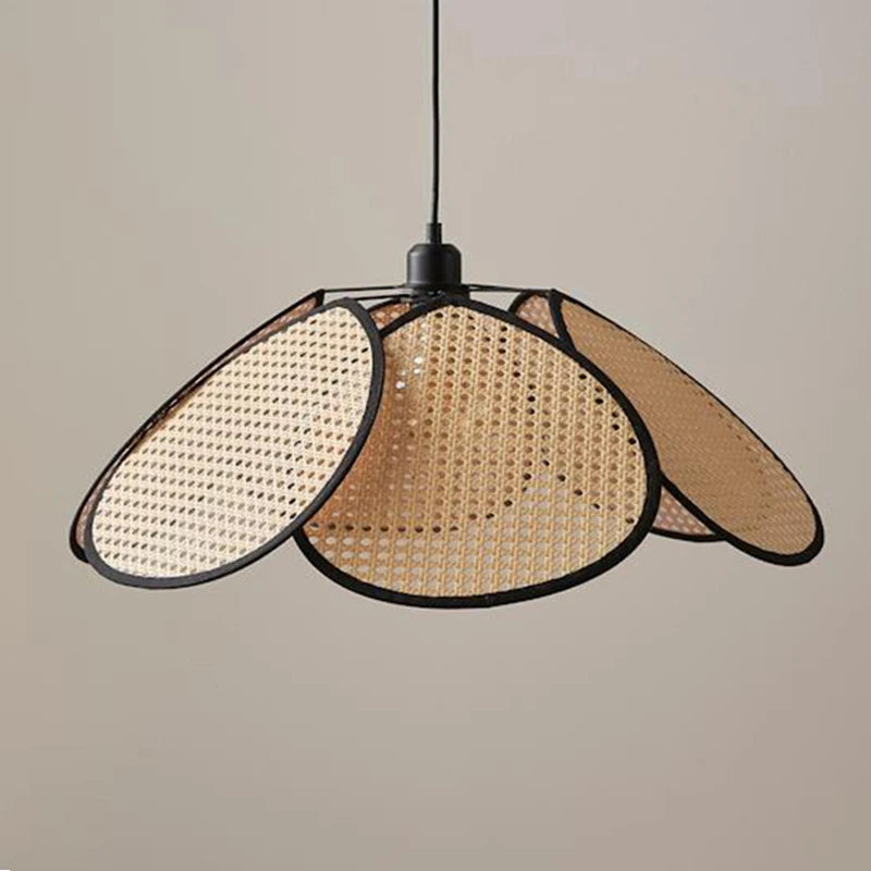 Natural Bamboo Rattan Wicker Chandelier LED Hanging Pendant Lamp Shade with Handwoven Leaf Grid Design for Living Room Kitchen