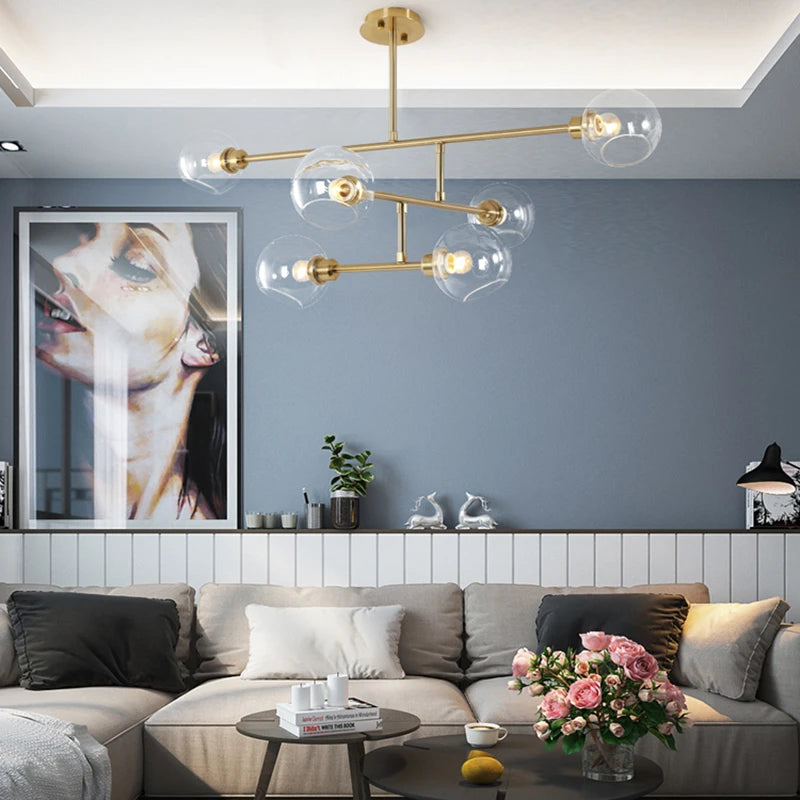 Modern Simple Chandelier with Smoke Gray Glass 6 Heads Adjustable Gold LED Pendant Lighting Fixture for Living Room Home Decor