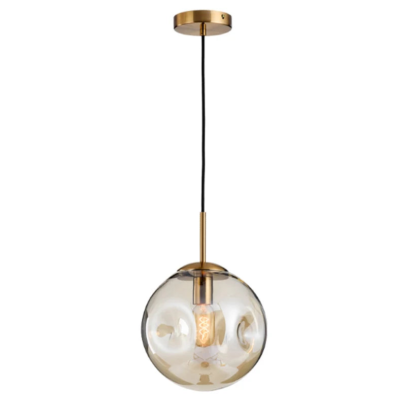 Nordic Industrial Textured Pendant Light with Brushed Brass & Amber Glass Ball, LED E27 Edison Bulb Ceiling Lamp for Restaurant