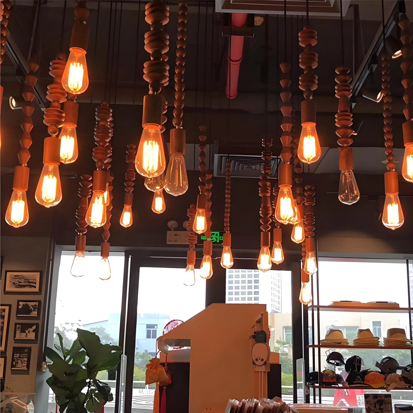 Retro style Oak wood pendant lamp Vintage 100cm cord geometric beads string droplight indoor Light Fixture