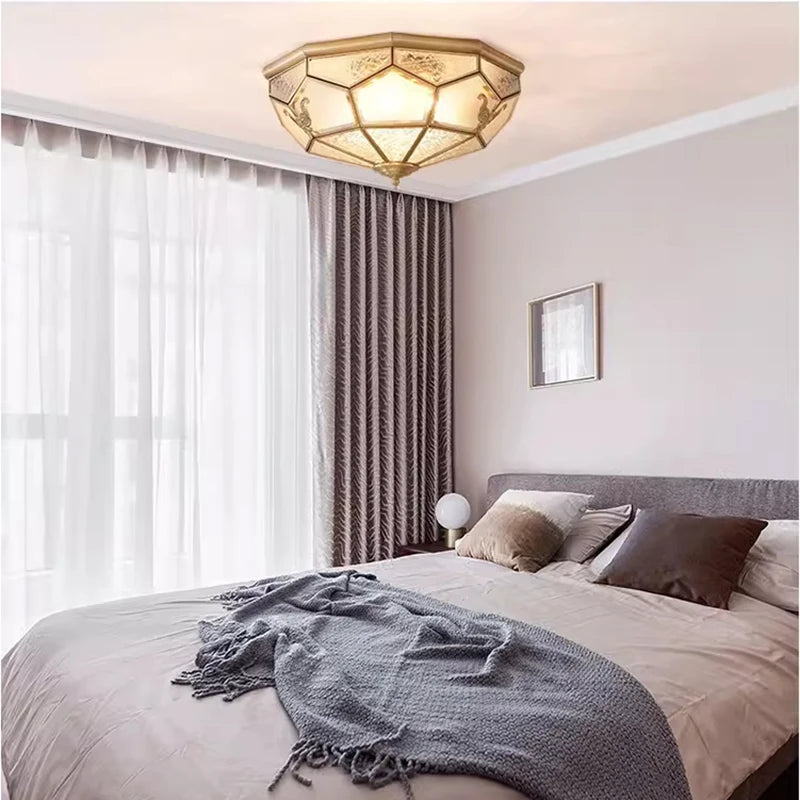 Europe Vintage Copper Glass Ceiling Light America Home Deco Bedroom living room E27 Bulb Indoor 35cm 45cm LED Ceiling Lamp