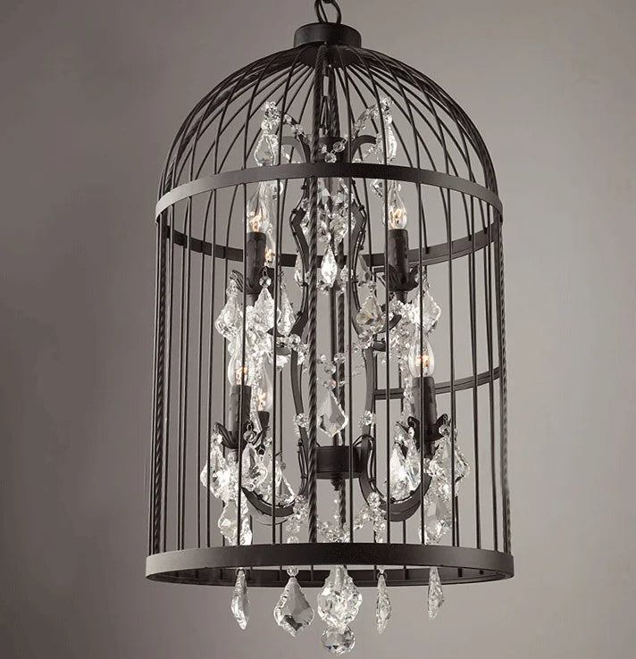 Vintage American Rust Iron Bird Cage Crystal Chandelier Pendant Lamp for Restaurant Villa Living Room E14 LED Home Deco Light