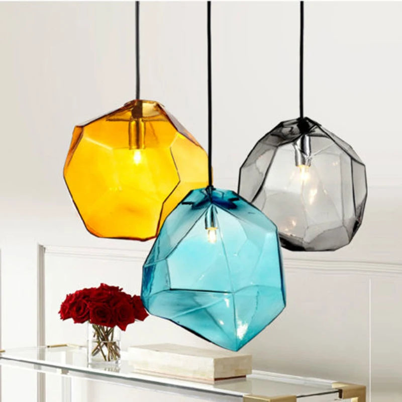 Modern Stone Texture & Tri-Color Frosted Glass Pendant Light, Nordic Industrial LED Hanging Lamp with E27 Bulb for Dining Room