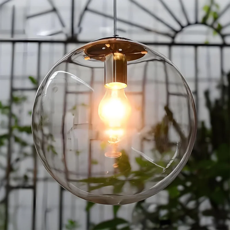 ?Modern Minimalist Clear Glass Ball Pendant Light with Chrome Accents - DIY Customizable LED Hanging Fixture for Living Room