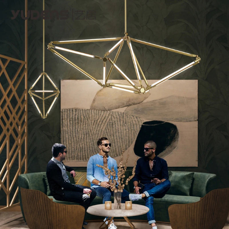 Postmodern Golden Painted Metal Chandelier Nordic Creative Adjustable T5 LED Pendant Light Fixture for Living Room Home Decor