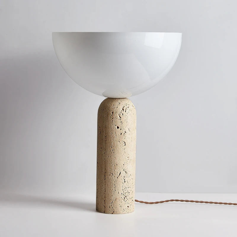 Japanese Wabi-Sabi Table Lamp with Antique Stone Body for Living Room Home Decor with White Round Glass Lampshade E27 LED Bulb