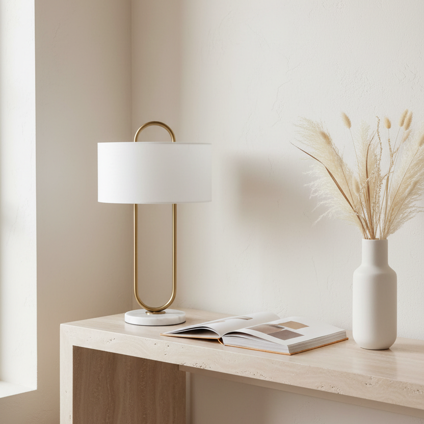 Contemporary Living Room Travertine Console with Golden U-Shape Marble Desk Lamp