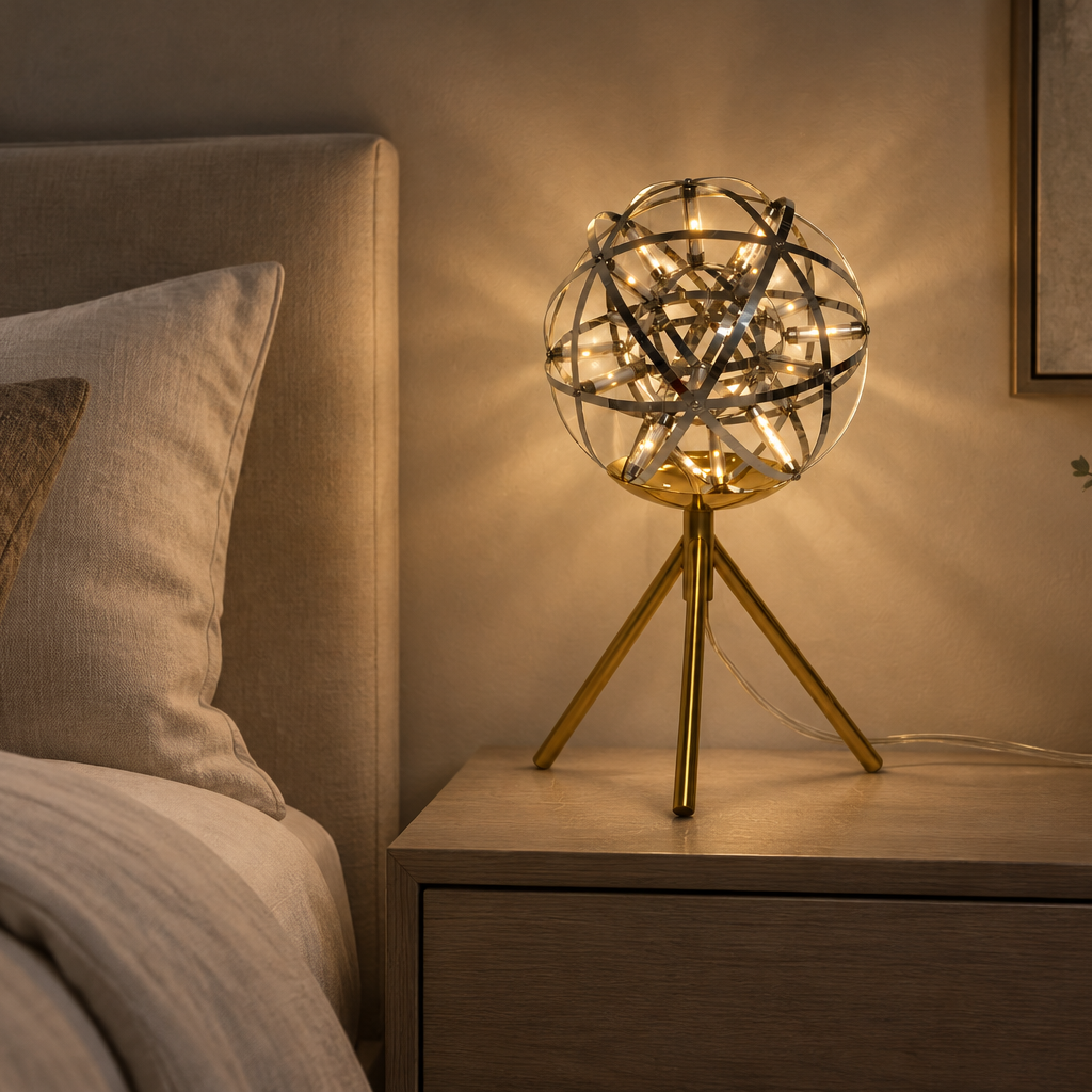 Tripod spherical table lamp in bedroom scenarios