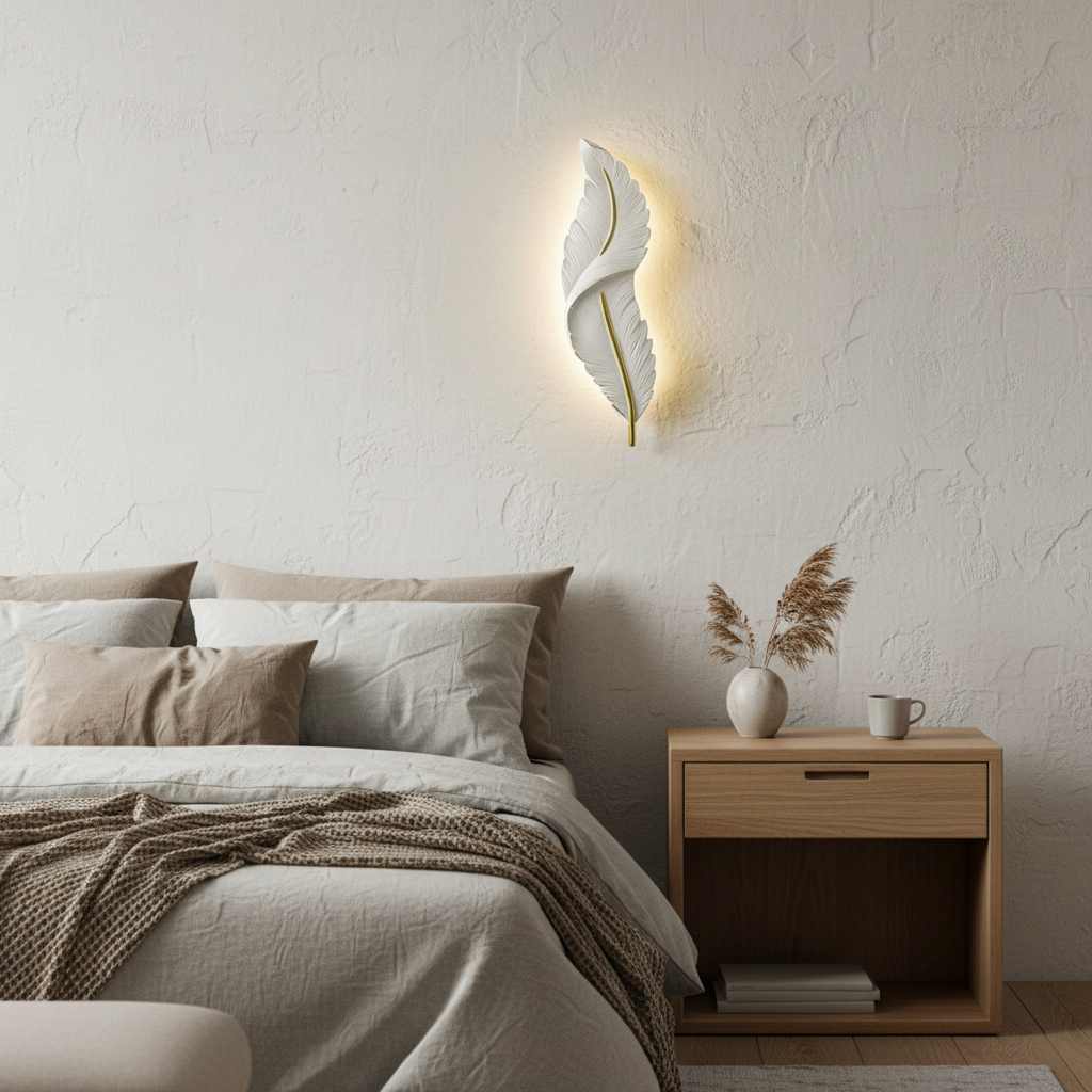 GOODAPA Bionic Feather LED resin wall sconce mounted on modern bedroom bedside wall with warm ambient glow