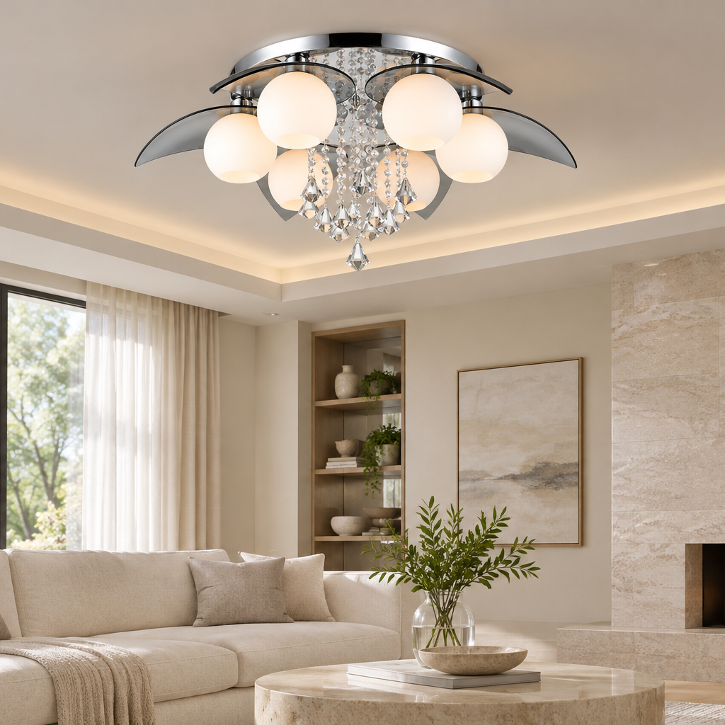 Scene image of a living room with a gray glass chandelier