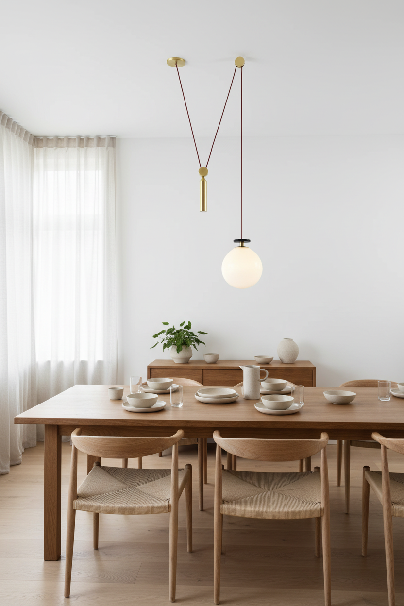 Modular Pulley Counterweight Pendant over Dining Table