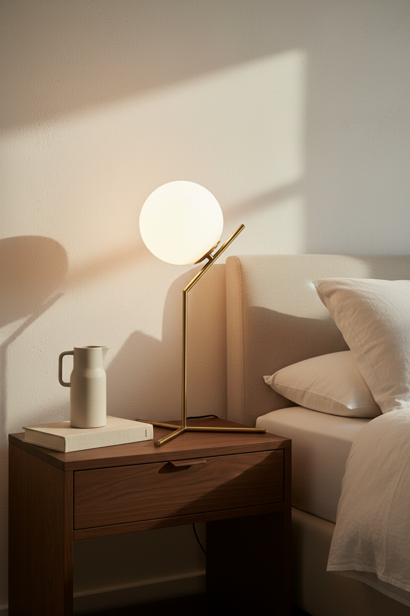 Nordic glass globe desk lamp with antique brass tripod base glowing on a dark oak bedside table in a cozy bedroom