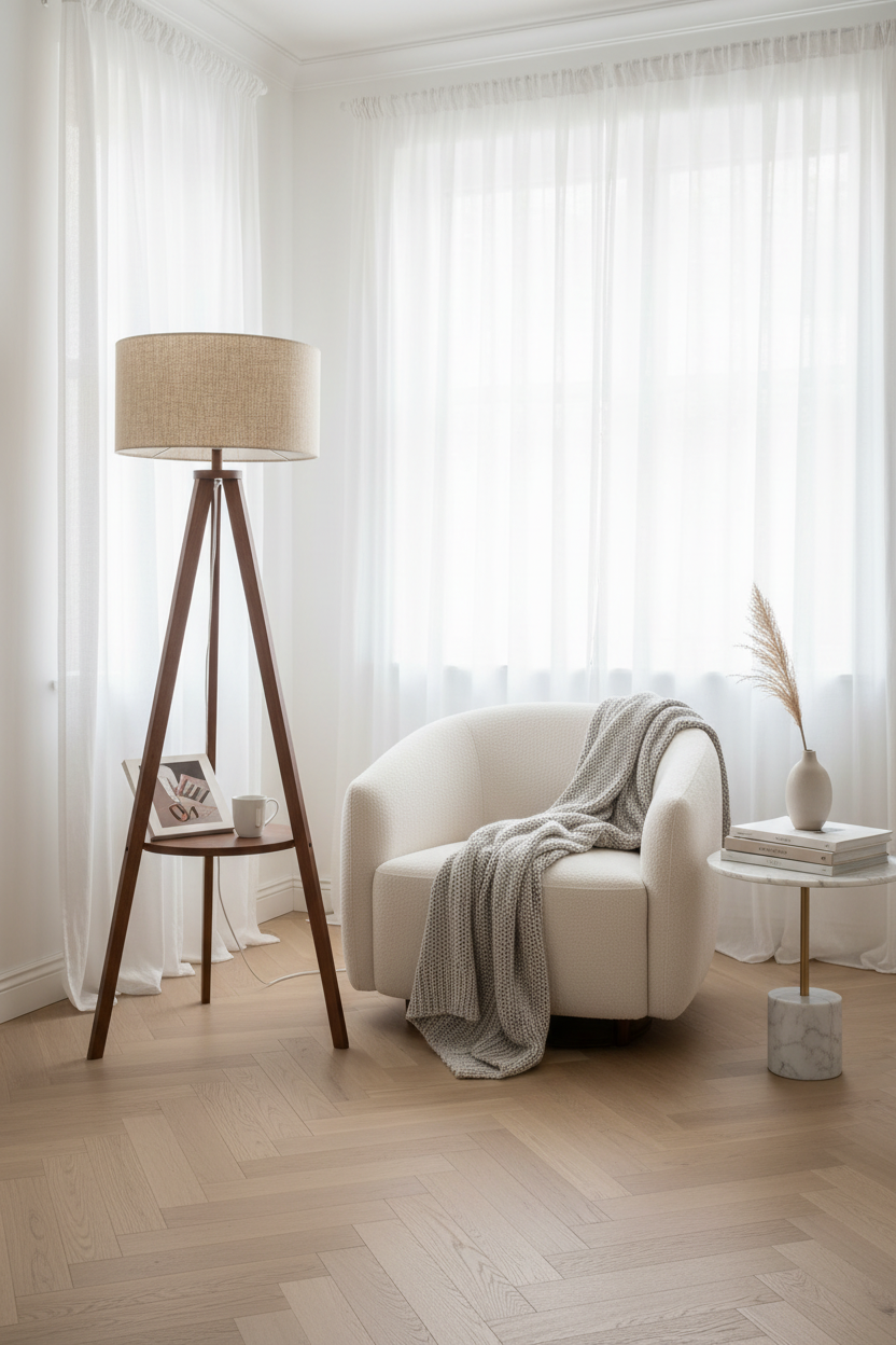 Nordic Wood Tripod Floor Lamp with Shelf in Bright Living Room
