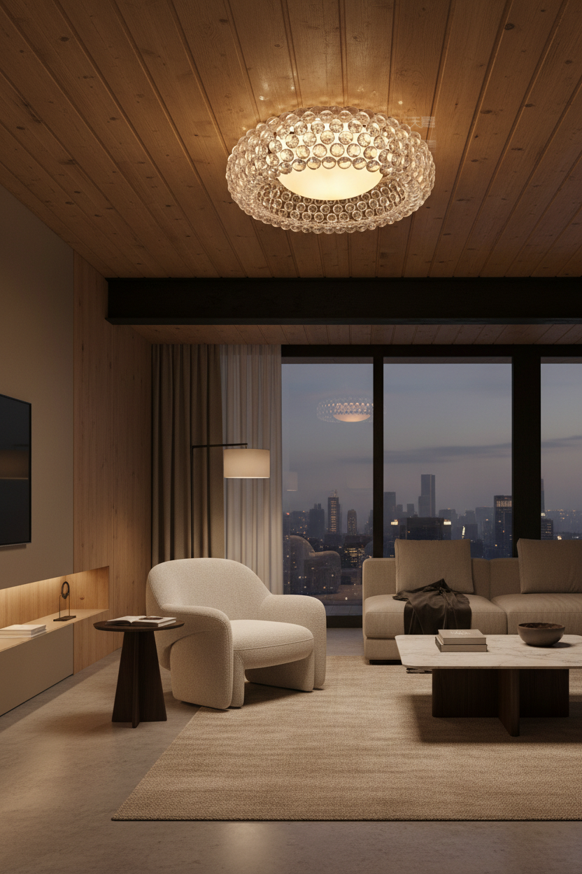Warm Dimmable Flush Mount Light on Modern Wood Slat Ceiling