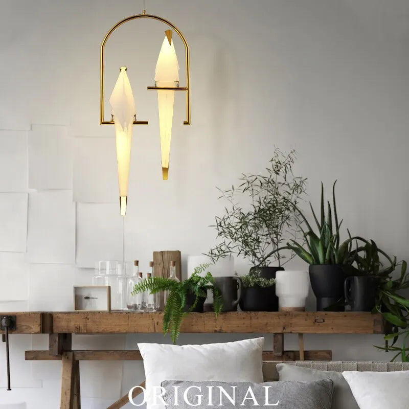 Modern Minimalist Plating Golden Pendant Lamp with Bird Creative White PP G4 LED Pendant Lighting Fixture for Restaurant Decor