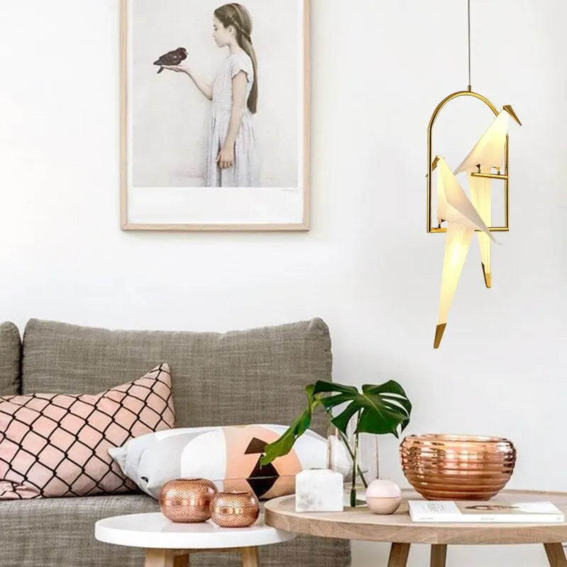 Modern Minimalist Plating Golden Pendant Lamp with Bird Creative White PP G4 LED Pendant Lighting Fixture for Restaurant Decor