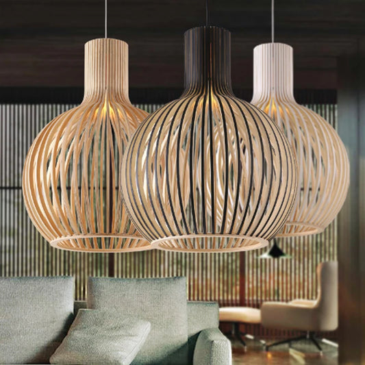 Modern Wood E27 LED Pendant Lamp For Living Room Home Decor Nordic Bird Cage Black LED Chandelier Accessories