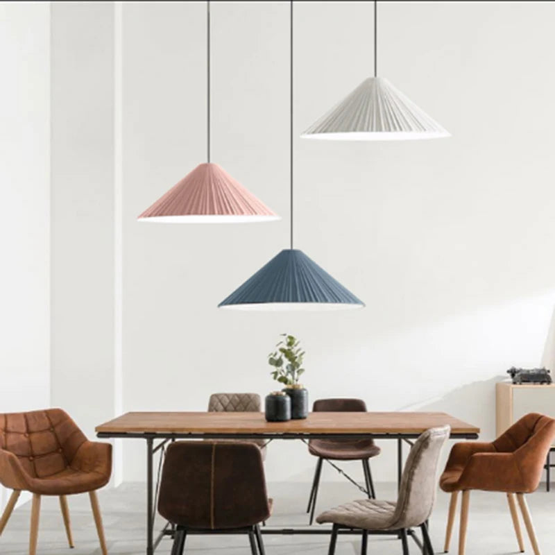 Creative Nordic Resin Pendant Lamp - Macaron Pink LED E27 Lighting with Conical Ripple Design - Modern Simple Home Decor Fixture