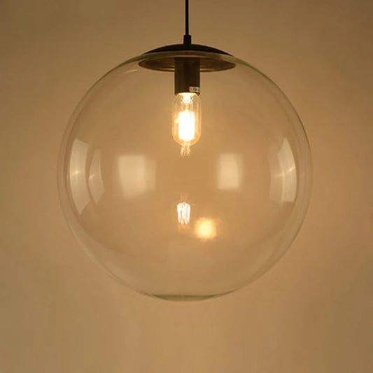 ?Modern Minimalist Clear Glass Ball Pendant Light with Chrome Accents - DIY Customizable LED Hanging Fixture for Living Room