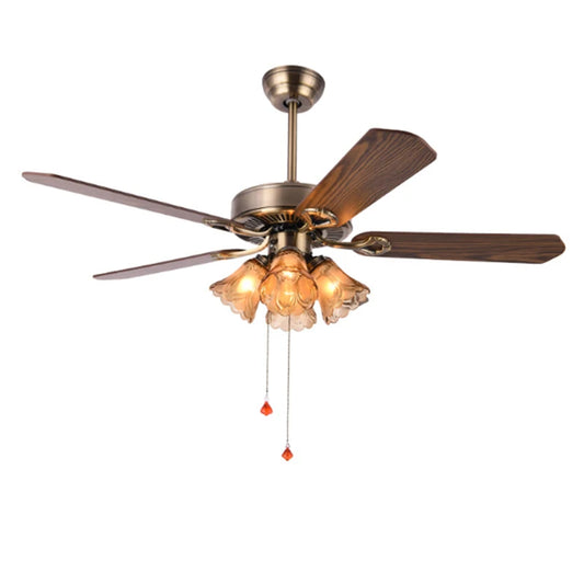 European Retro Bronze Iron Ceiling Fan Light for Dinning Room Home Decor with Amber Glass and Wood Leaf E27 Bulb Fan lamp