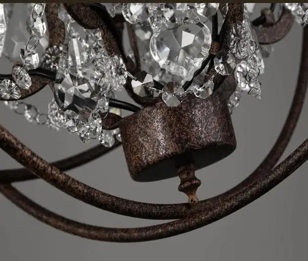 American Orbital Rust Iron Crystal Chandelier for Living Room Home Decor European Luxury Retro Glass Pendant Light E14 LED Bulb