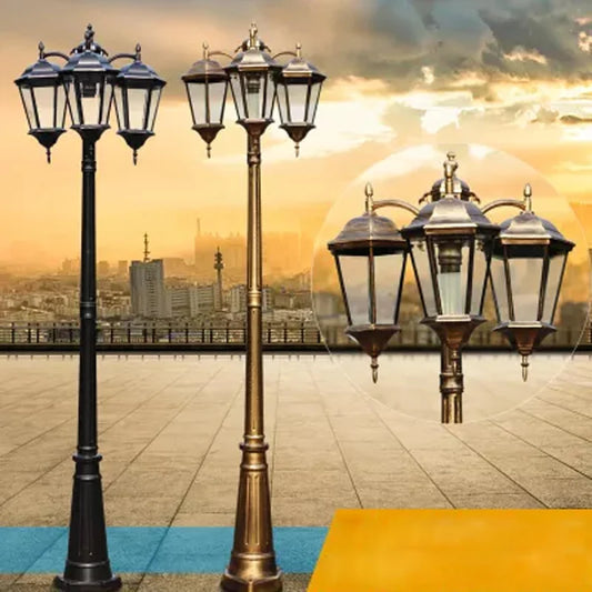 European Vintage Waterproof Street Lamp with Glass Bowls Outdoor Garden Landscape Lamp Bronze Aluminum Body E27 LED Bulb