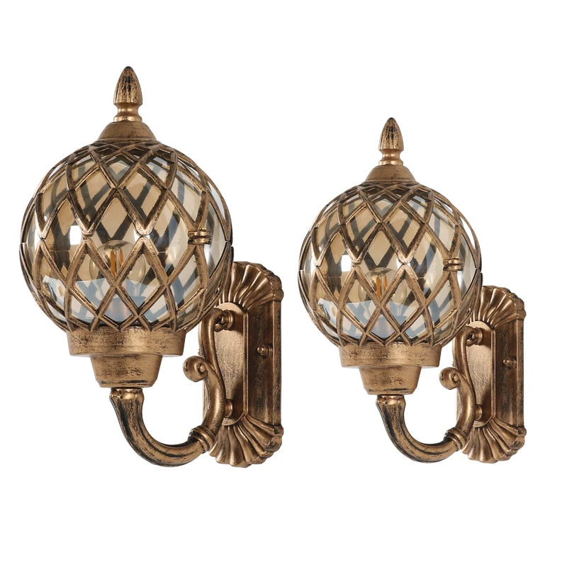 European outdoor waterproof amber glass ball wall lamp corridor retro decoration LED paint bronze iron E27 bulb lighting