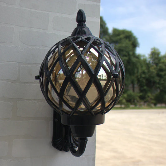 European outdoor waterproof amber glass ball wall lamp corridor retro decoration LED paint bronze iron E27 bulb lighting