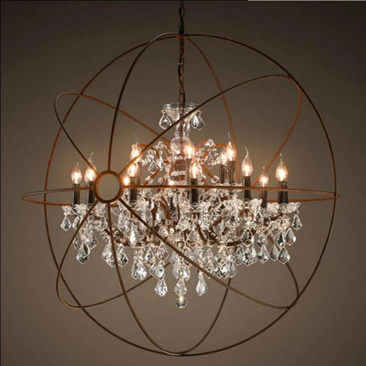 American Orbital Rust Iron Crystal Chandelier for Living Room Home Decor European Luxury Retro Glass Pendant Light E14 LED Bulb