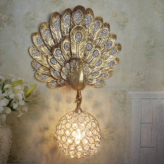 European Classic Peacock Open Screen Wall Lamp - Gold Paint Luxury Crystal LED Hanging Ball Lighting for Living Room Decoration,