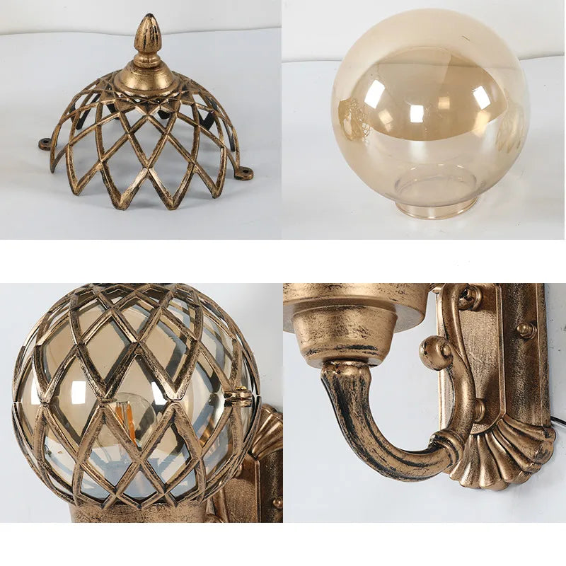 European outdoor waterproof amber glass ball wall lamp corridor retro decoration LED paint bronze iron E27 bulb lighting