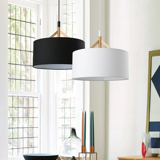 Modern Minimalist Nordic Fabric & Wood Pendant Light - E27 LED Bulb Ceiling Lamp for Restaurant - Home Decor Lighting Fixture