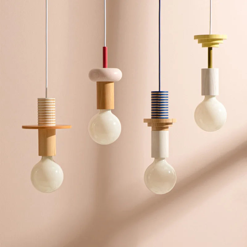 Modern Solid Wood Pendant Lamp LED E27 Customizable Color Design for Dining Table Bedside Study Room Indoor Hanging Lighting