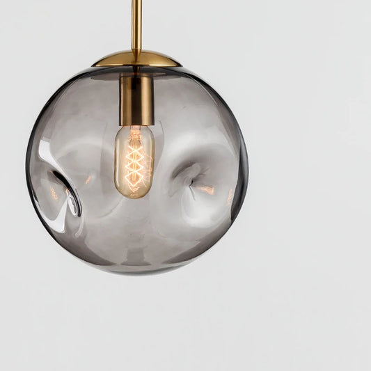 Nordic Industrial Textured Pendant Light with Brushed Brass & Amber Glass Ball, LED E27 Edison Bulb Ceiling Lamp for Restaurant
