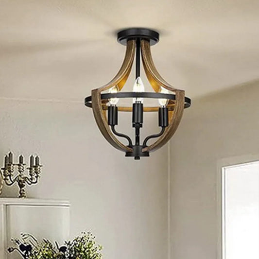 American Wood Chandelier Lamp For Living Room Home Decoration Vintage E14 LED Bulb Ceiling Pendant Light Black Iron Chain