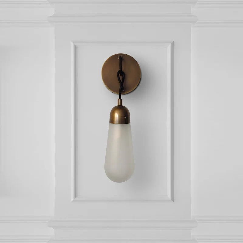 Vintage Antique Brass Teardrop Glass Wall Sconce | Frosted Bedside & Vanity Light for Bedroom & Living Room